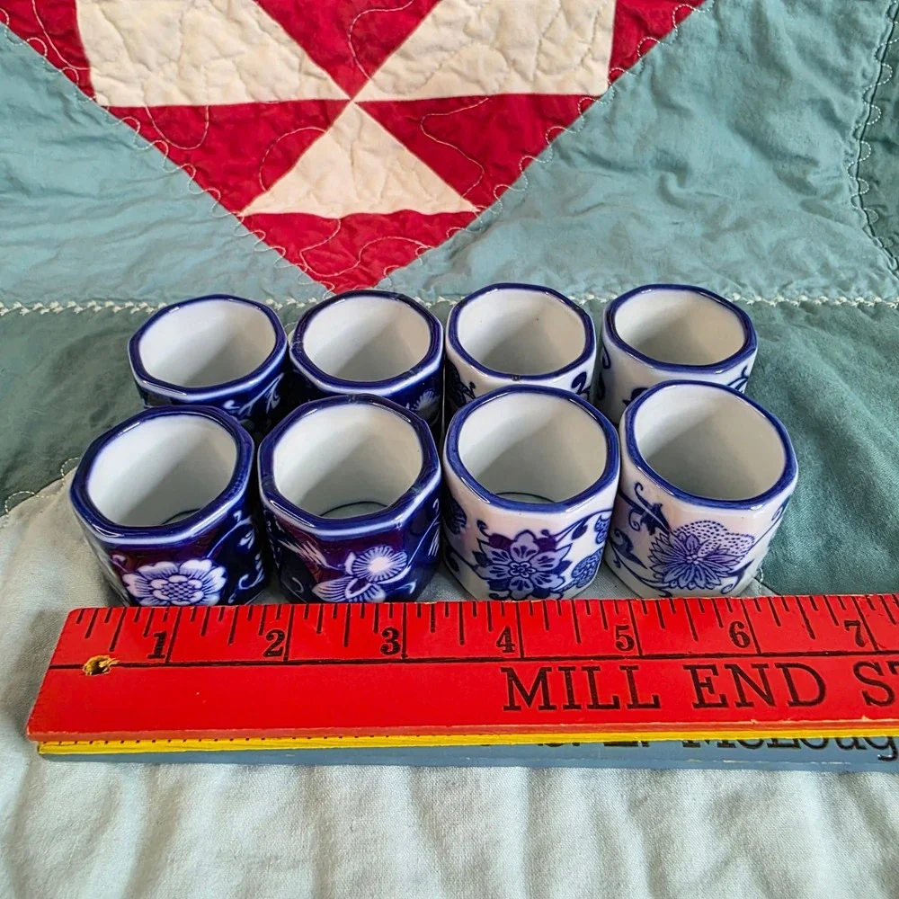 Blue and White Porcelain Floral Napkin Rings Set of 8 Chinoiserie Style